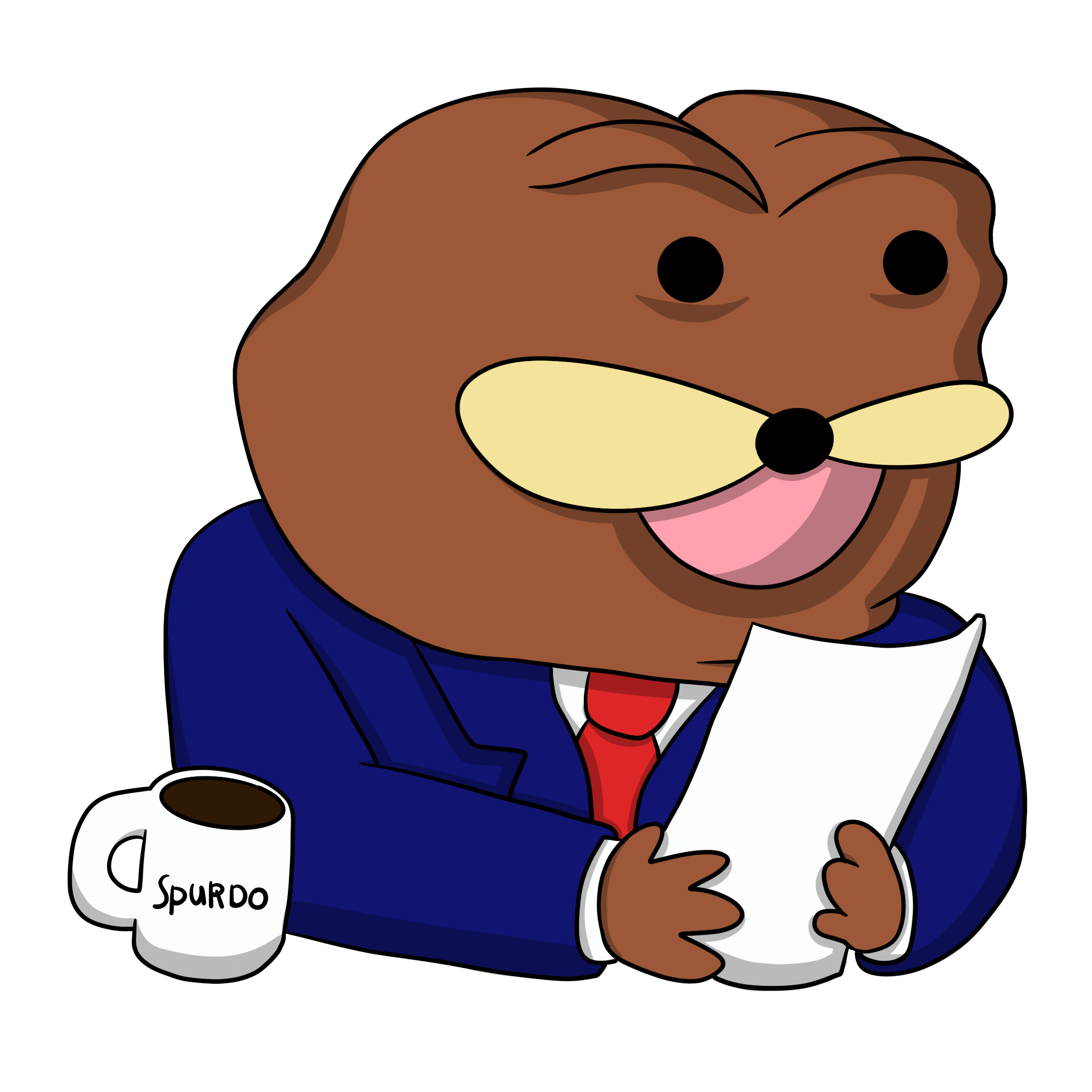 Spurdo in a suit holding a Spurdo mug